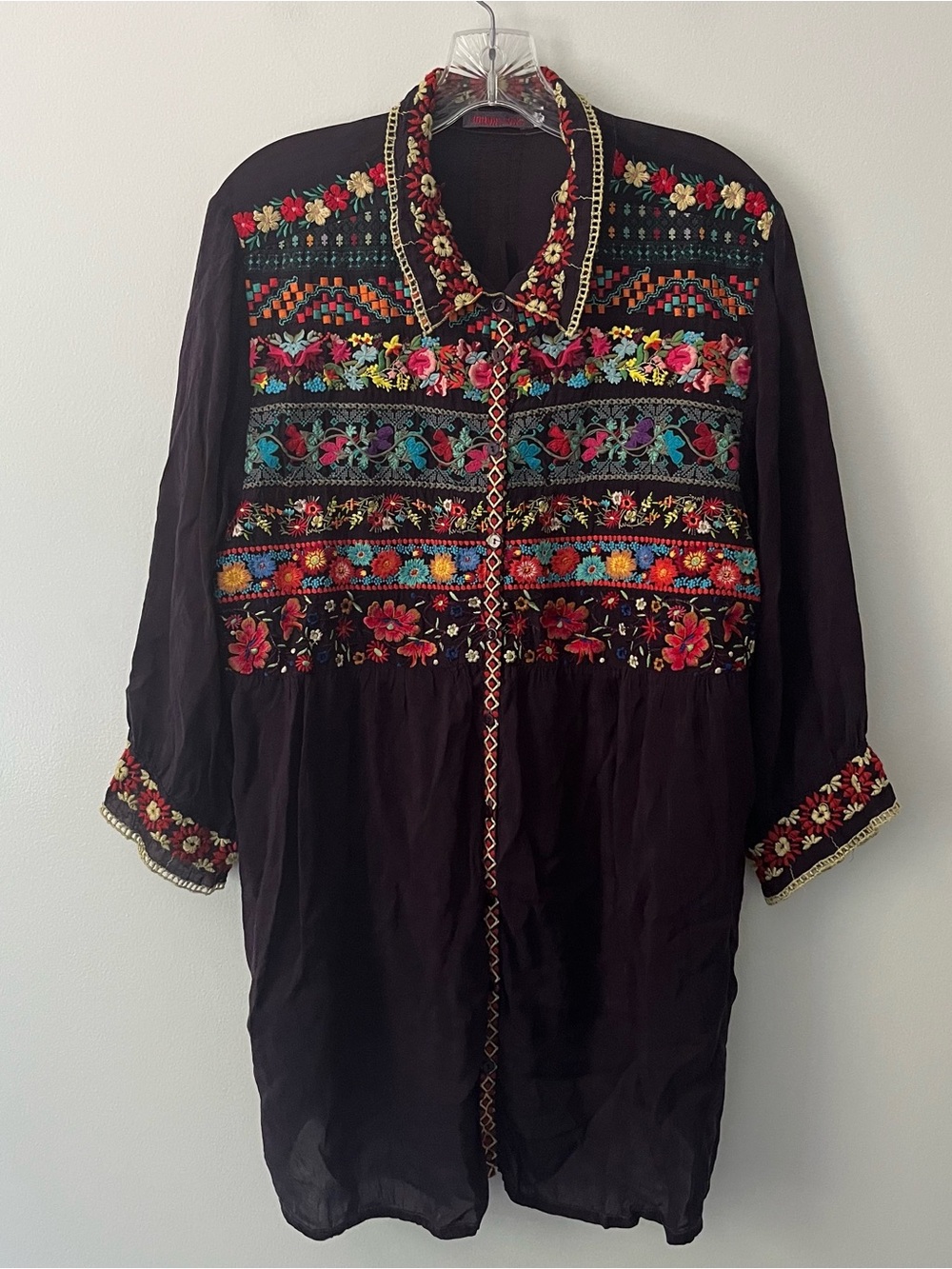Johnny Was Floral Embroidered 3/4 Sleeves Tunic Top Purple Hippie Boho Lagenlook